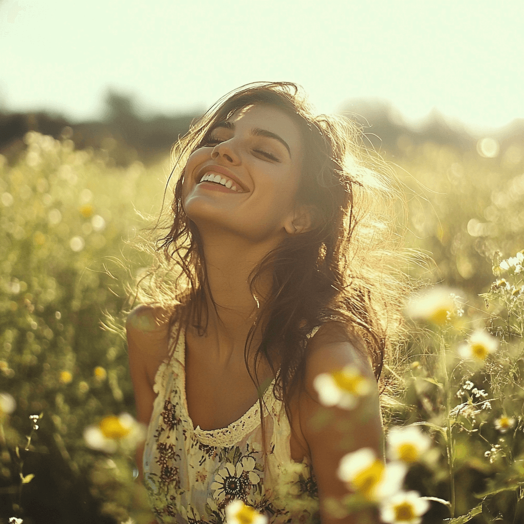 Smiling woman in a sunlit spring meadow surrounded by flowers, radiating joy and renewal—symbolizing the spirit of seasonal well-being.
