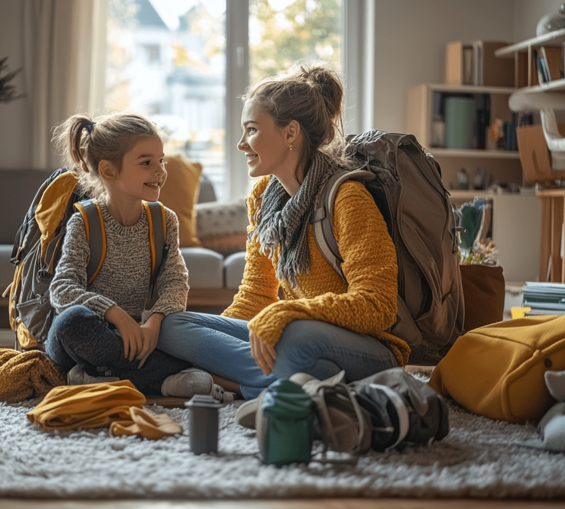 Family-Adventures-Minus-the-Financial-Hangover-cv Mother and daughter packing travel backpacks at home, smiling and preparing for a family trip.