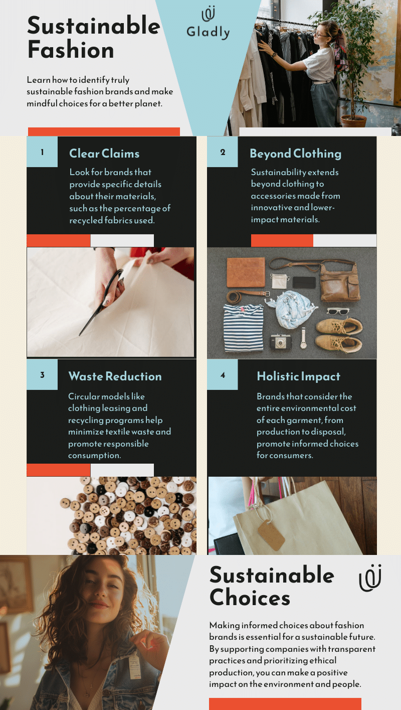 Infographic on sustainable fashion showing how to identify truly sustainable brands through clear claims, waste reduction, and holistic impact.