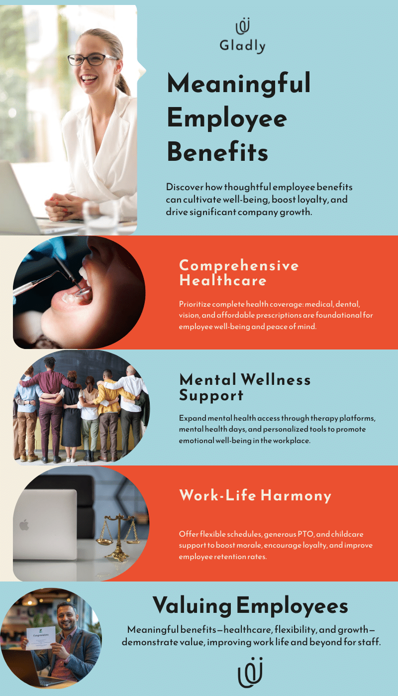Infographic on meaningful employee benefits including healthcare, mental wellness, and work-life balance.