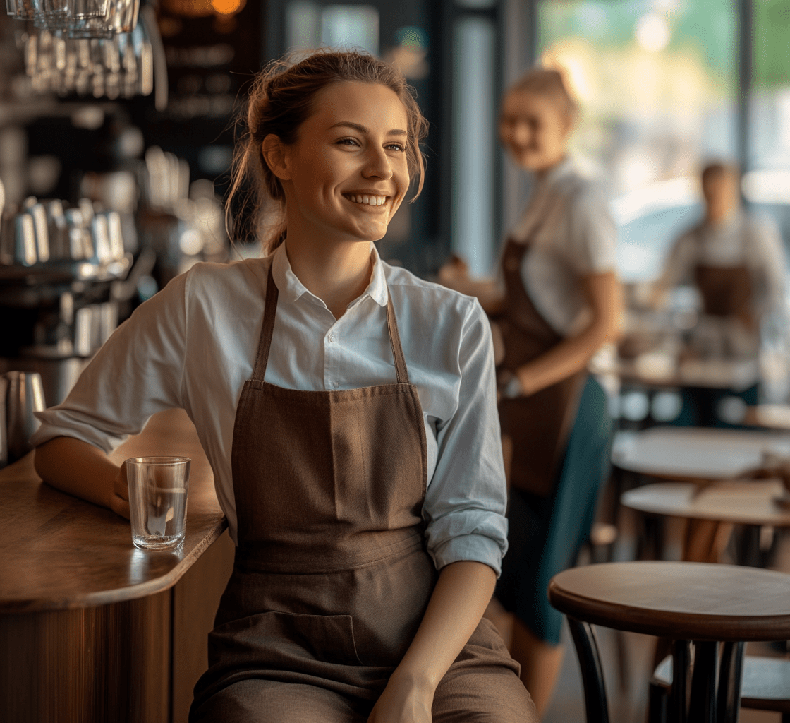 When-t- Push-When-to-Pause-cv Smiling waitress takes a mindful break with water during her shift.