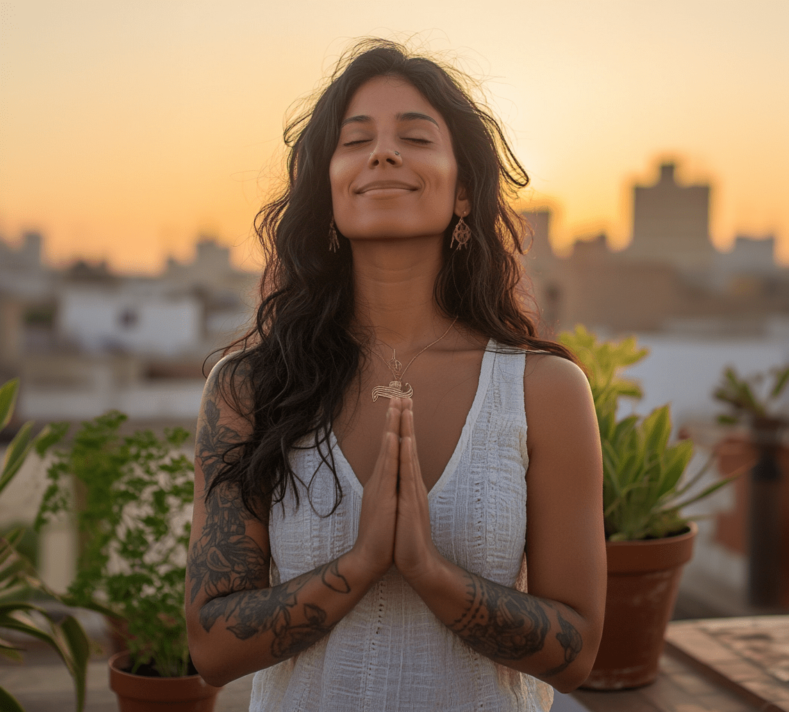 flow-like-a-river-cv South Asian woman in prayer pose on a rooftop at sunset, eyes closed, glowing with calm and emotional flow.