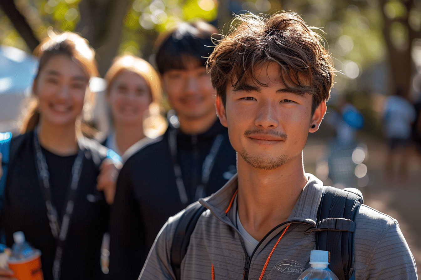 Smiling young professional with a water bottle and backpack stands confidently outdoors, with coworkers in the background—capturing the spirit of wellness-focused employee perks.