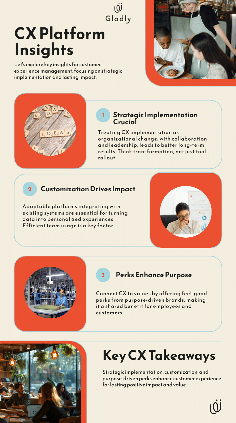 Infographic showing CX platform tips: strategic implementation, customization, and purpose-driven perks.