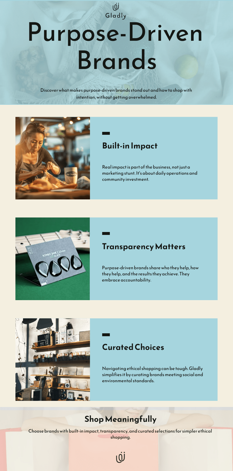 Infographic titled “Purpose-Driven Brands” highlighting three key traits of brands that give back: built-in impact, transparency, and curated choices. Includes images of small businesses and ethical products, with a call to “Shop Meaningfully” through Gladly.