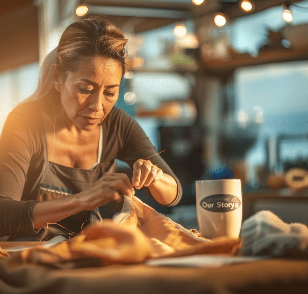 Brands That Give Back Real Stories, Real Impact-cv-min Woman sewing by hand in a cozy, sunlit workspace, symbolizing built-in impact and everyday dedication from brands that give back. A coffee mug reading "Our Storya" sits nearby, emphasizing personal craft and purpose-driven work.