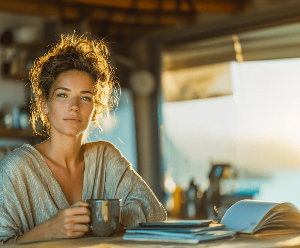 July Your Personal Independence Month Starts Now-cv Woman with open eyes in soft morning light, holding a mug—an intimate moment of conscious living.