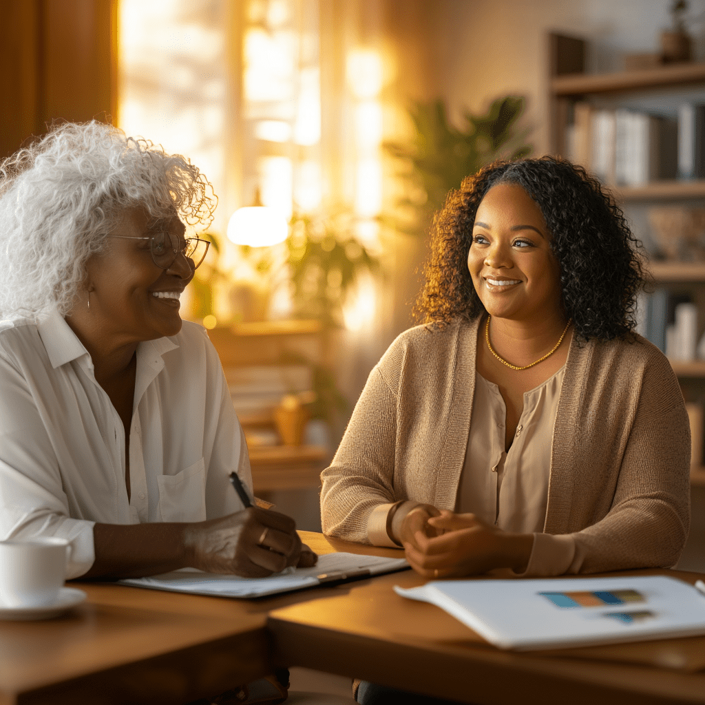 Soft-Power-Leadership-cv Two Black women share a warm, empathetic moment in a sunlit office, visually embodying the essence of Soft Power Leadership.