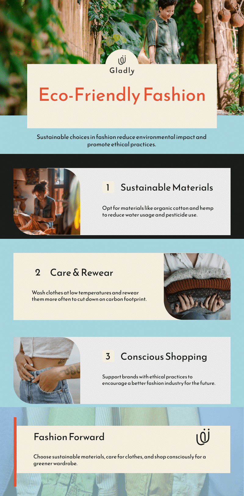 Infographic showing 3 eco-friendly fashion tips: sustainable materials, garment care, and conscious shopping.