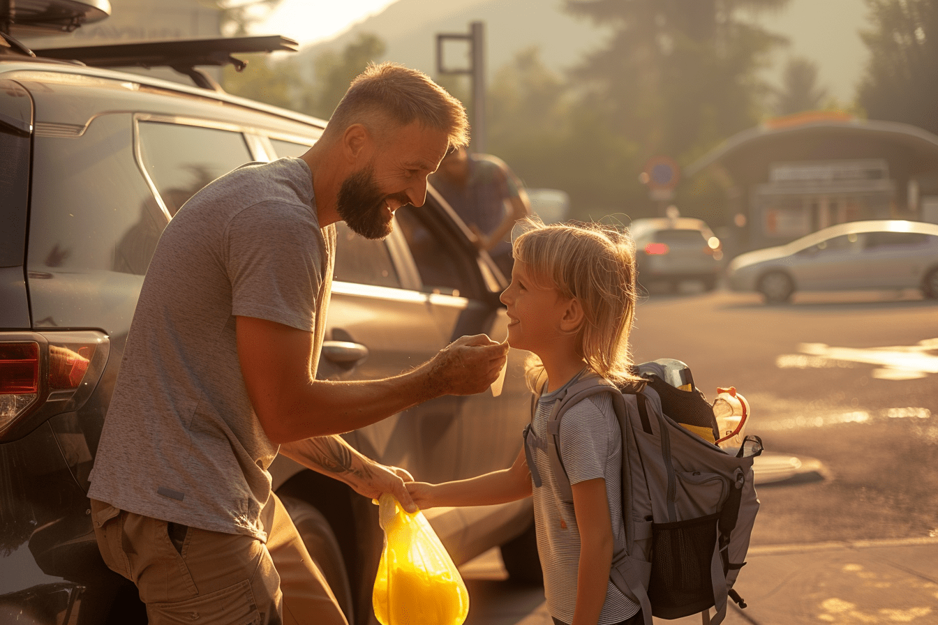 Travel-Essentials-for-Families-cv Latino dad wipes his son's hands during a family road trip, with travel essentials visible in the backpack and SUV in the background.