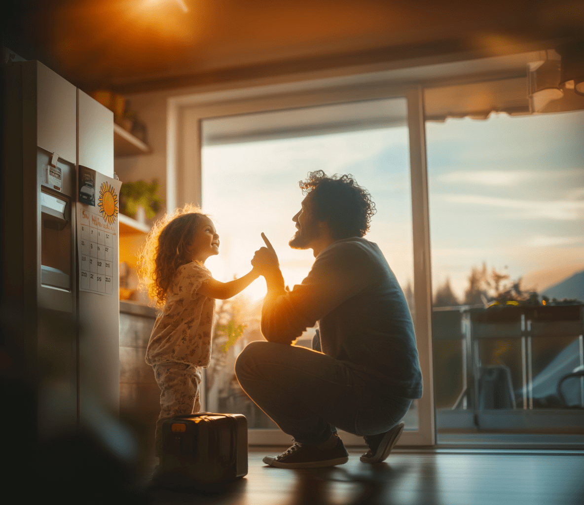 Why-Your-Family-Trip-Costs-More-cv Father and daughter packing for family vacation at sunrise, smiling and bonding in kitchen—represents stress-free family travel planning and budget-friendly trip preparation.