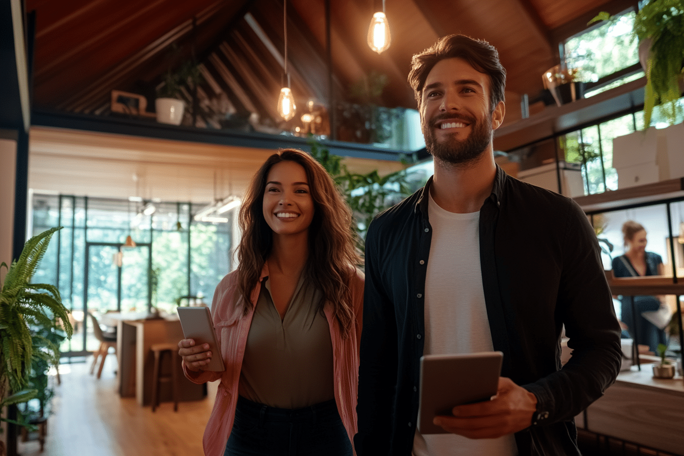 Cultivating-a-Positive-Attitude-cv Two smiling professionals walking through a modern, sunlit office space, holding digital tablets, symbolizing positivity, collaboration, and workplace growth.