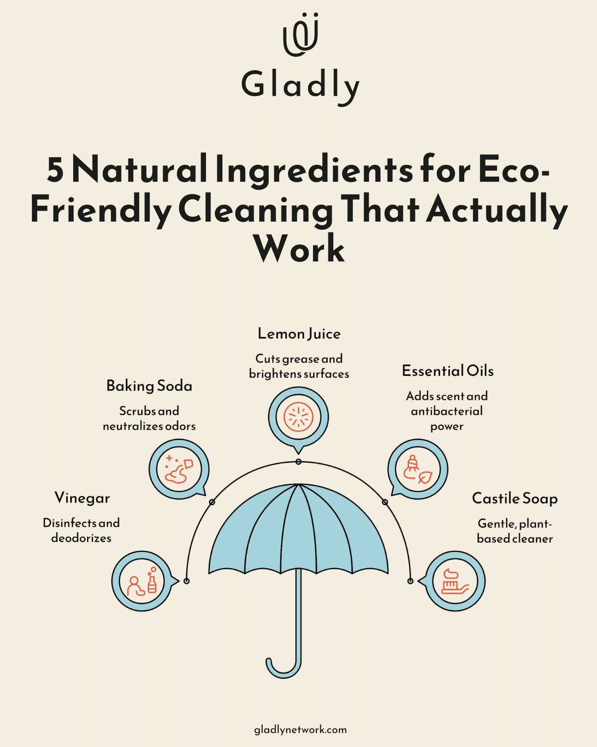 Eco-friendly cleaning diagram showing 5 natural ingredients: vinegar, baking soda, lemon juice, essential oils, and castile soap under a protective umbrella.
