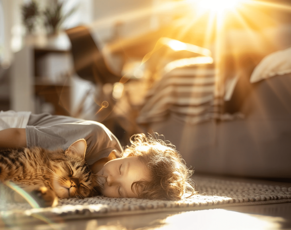 Healthy-Home-Carpet-Cleaning-cv Child and cat safely relaxing on carpet, showing the comfort of healthy home carpet cleaning.
