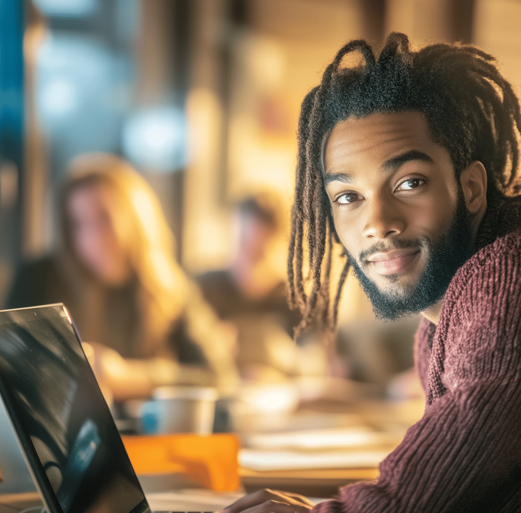 How-to-Create-an-EffectivE-EmployeE-CV Young Black professional with locs and a beard, smiling in a warm, collaborative office setting, representing the positive impact of employee recognition. Preguntar a ChatGPT