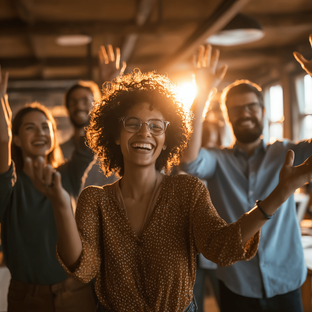 How_Christina_Used_Gladly_to_Inspire_Retain_and_Re-Energiz_Her_Team A joyful, curly-haired woman in glasses leads a group of diverse coworkers smiling and cheering in a sunlit office. The mood is vibrant, supportive, and energized, symbolizing renewed team spirit and engagement.