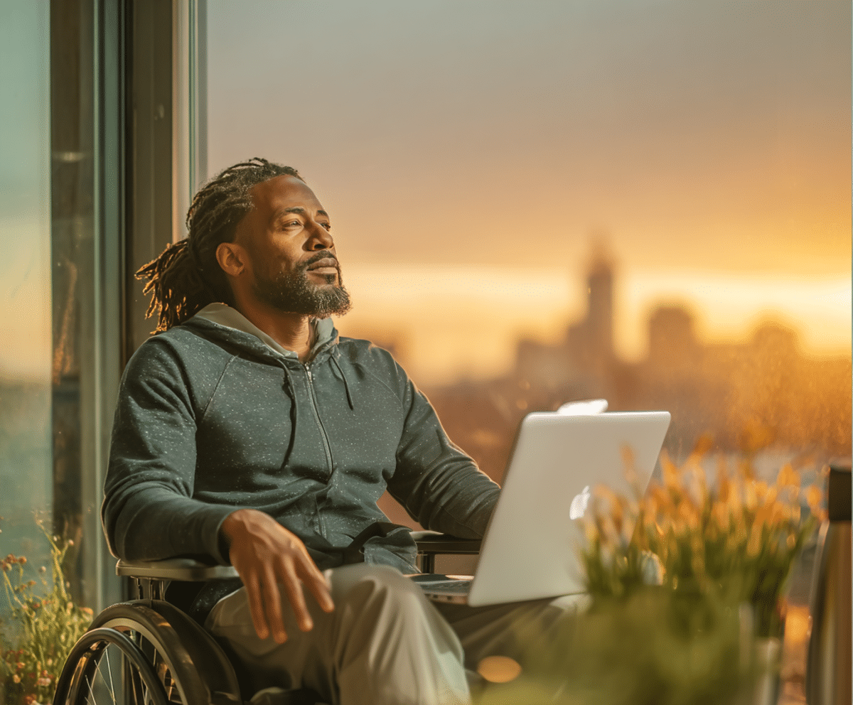 Must-Have-Employee-Benefits-cv Black male professional in a wheelchair, wearing a dark hoodie and grey pants, seated at a desk with a laptop in a sunlit office, city skyline in the background, representing must-have employee benefits and perks for retention.