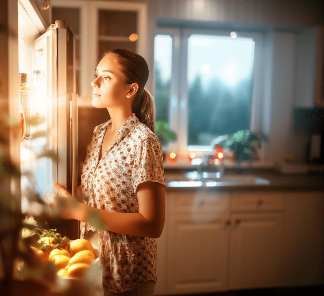 Sustainable-Health-Why-All-or-Nothing-Diets-Fail-cv Young woman standing in front of an open refrigerator at dusk, gazing inside with a thoughtful expression, soft fridge light illuminating her face as warm kitchen light glows behind her—capturing a quiet moment of decision tied to emotional eating and sustainable health.