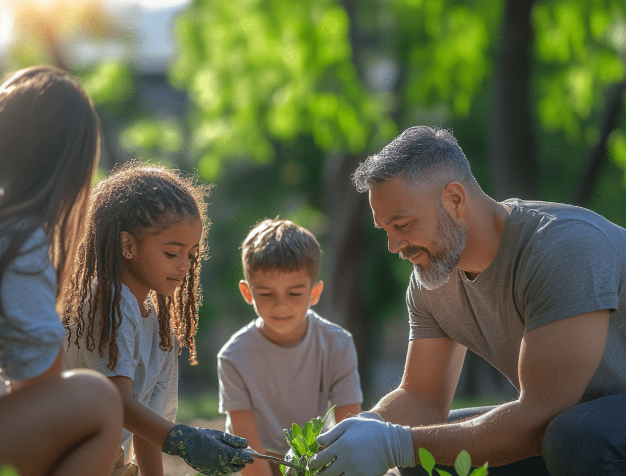 Ten-Acts-of-Kindness-cv Father and two children gardening together outdoors, smiling and focused on planting, surrounded by greenery, representing the ripple effect of small acts of kindness.