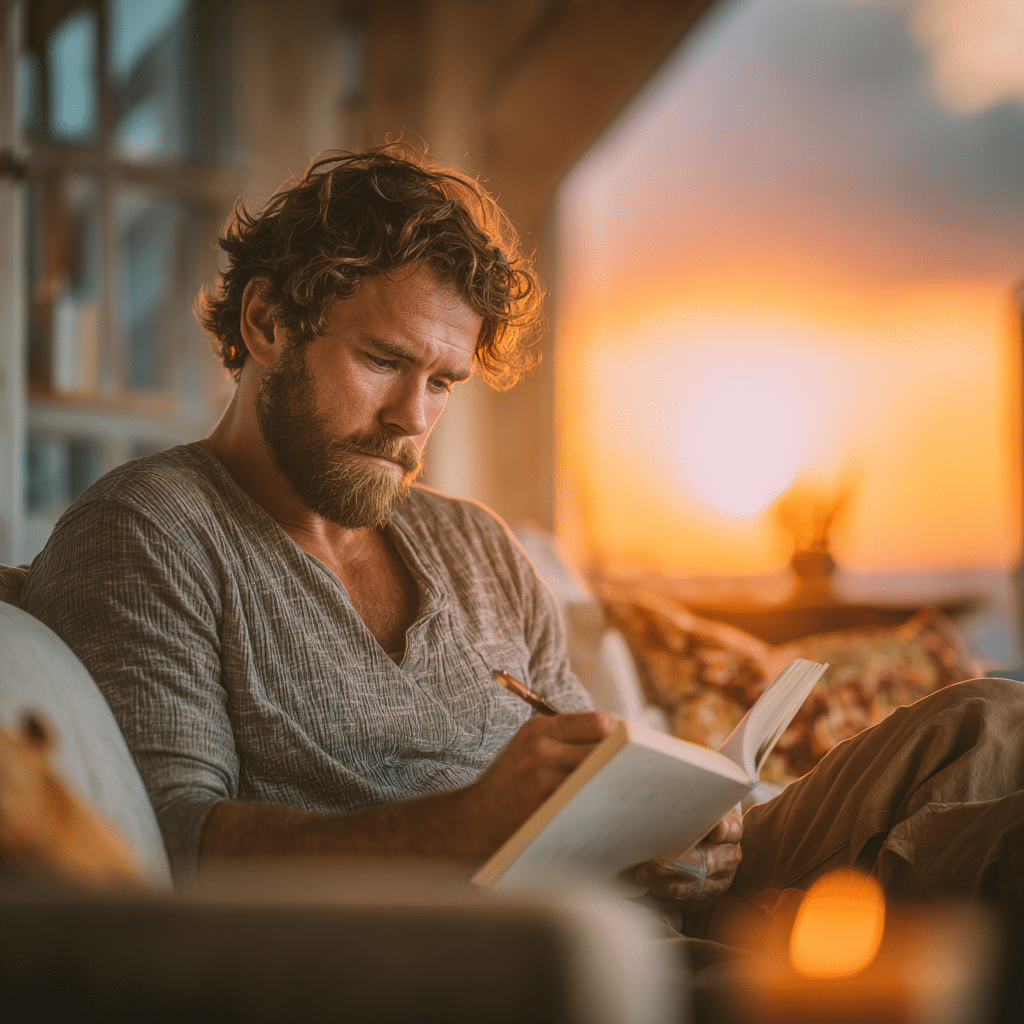 Transform-Your-Space-with-Sustainable-Home-Products-cv Man journaling at home during sunset in a cozy space inspired by sustainable home products.