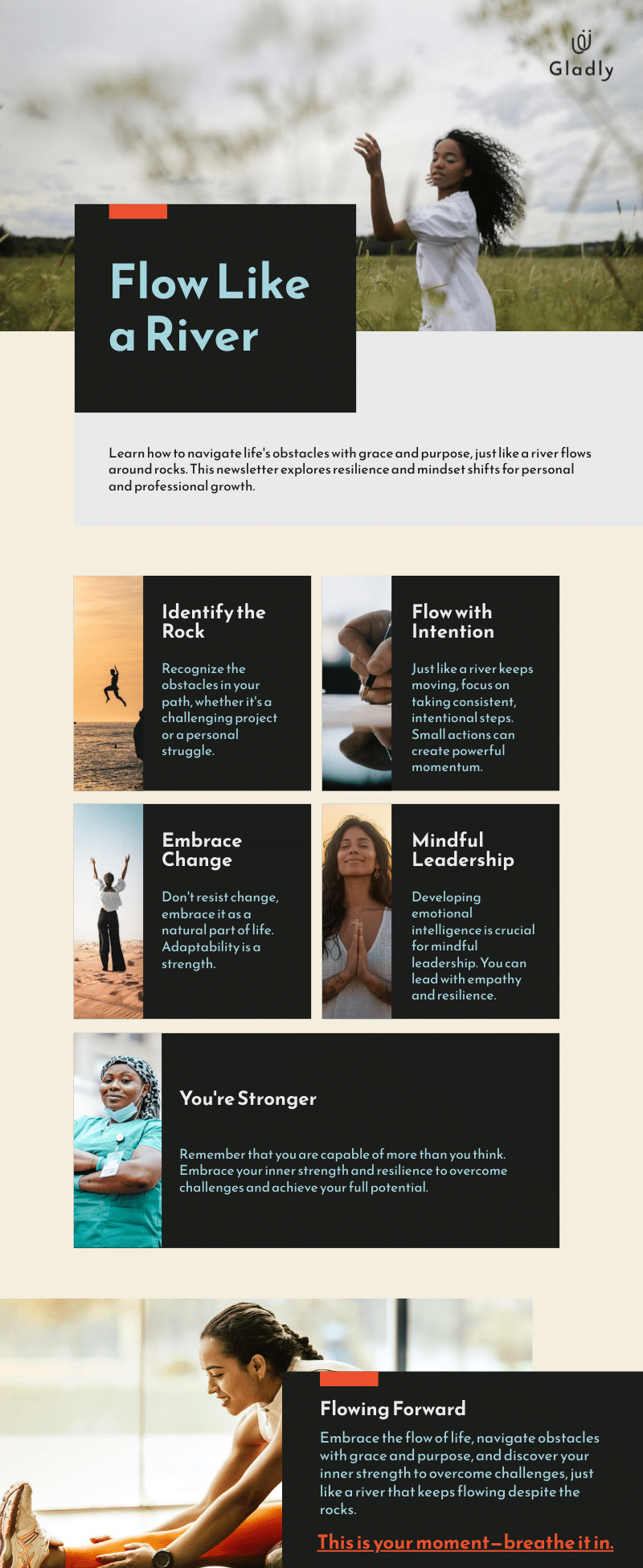 Example newsletter: “Flow Like A River” – delivered every Wednesday to help teams refocus and recharge.