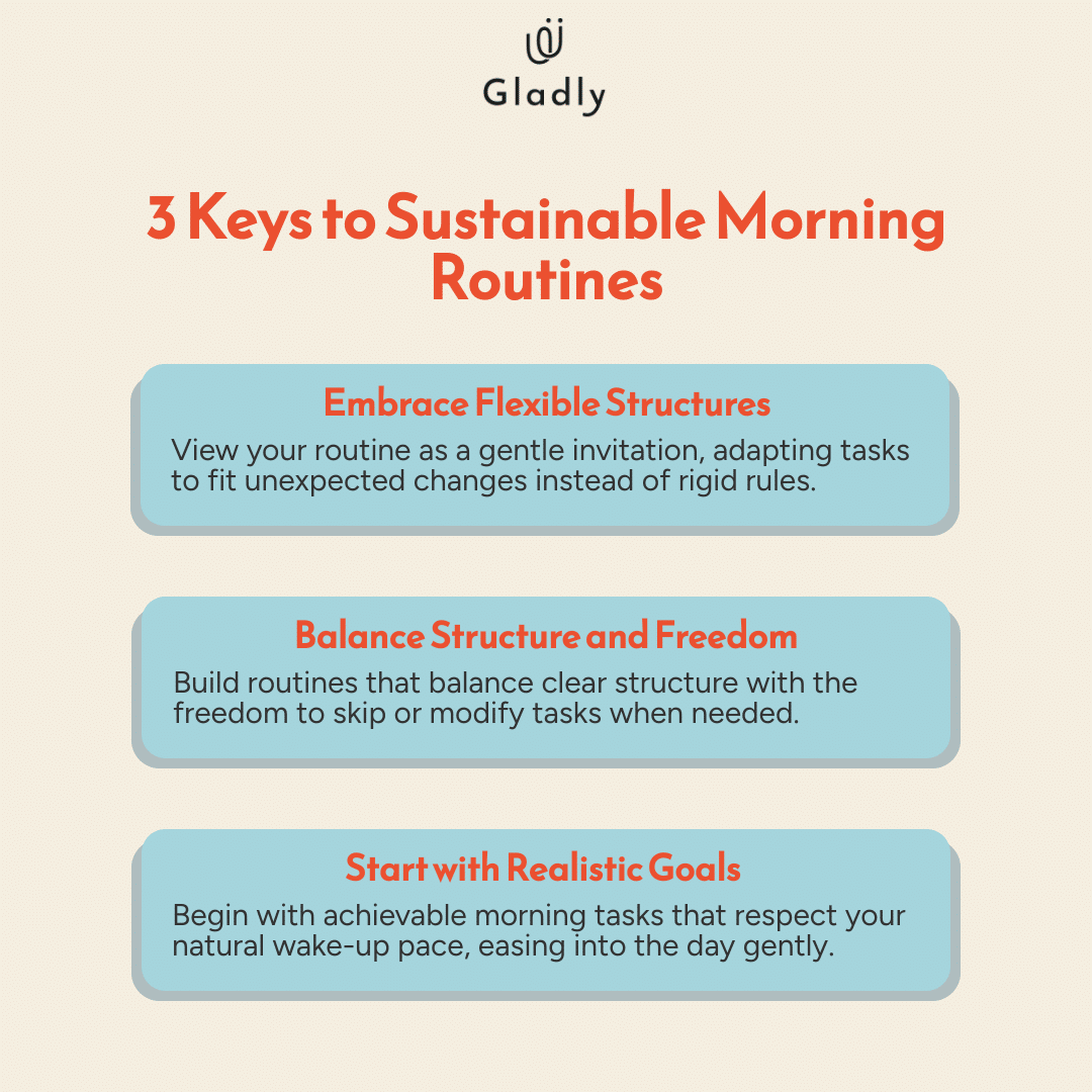 Infographic showcasing three essential strategies for sustainable morning routines: embracing flexible structures, balancing structure and freedom, and starting with realistic goals, set against brand colors #a5d4dd and #f4eee0 with bold accent highlights.
