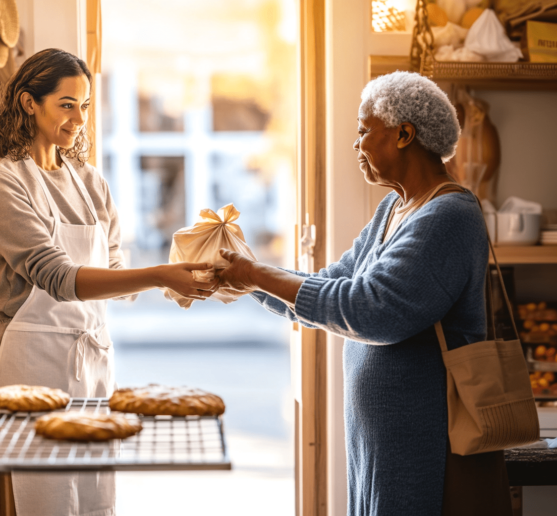 Brilliance Under Pressure_ Finding Strength in Our Stories-cv Brilliance under pressure: a baker hands a wrapped pastry to an older neighbor at the bakery doorway.