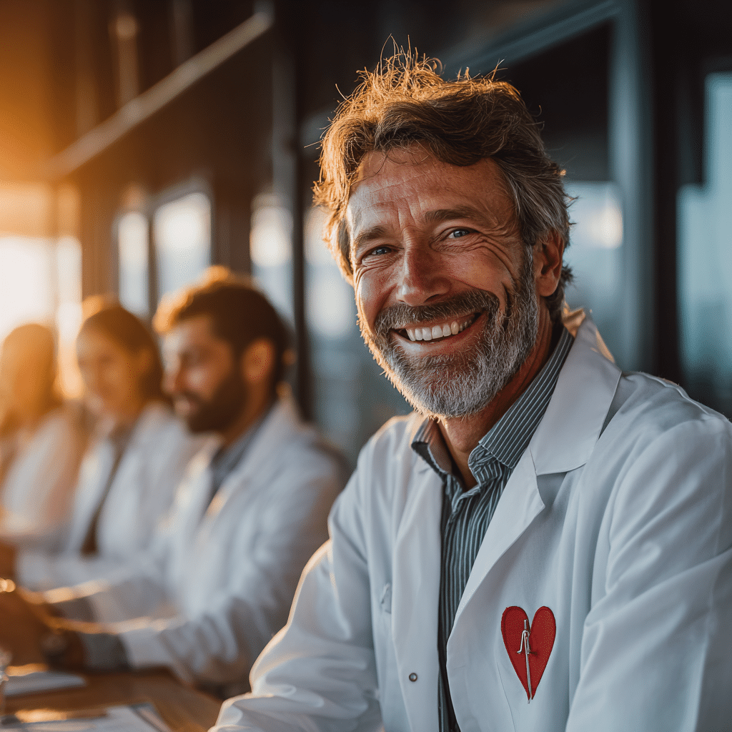 How-Much-Blood-Can-You-Safely-Donate-cv Smiling doctor in a white coat with a heart emblem, symbolizing the life-saving impact of blood donation.