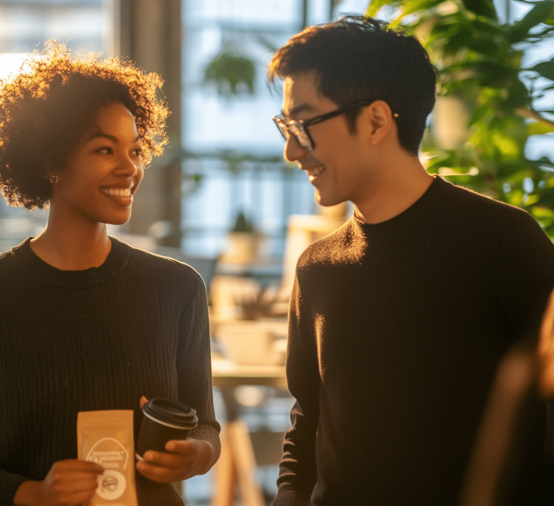 Innovative-and-Sustainable-Workplace-Incentives-5 Two coworkers smiling and sharing coffee as part of sustainable workplace incentives that build connection and employee value