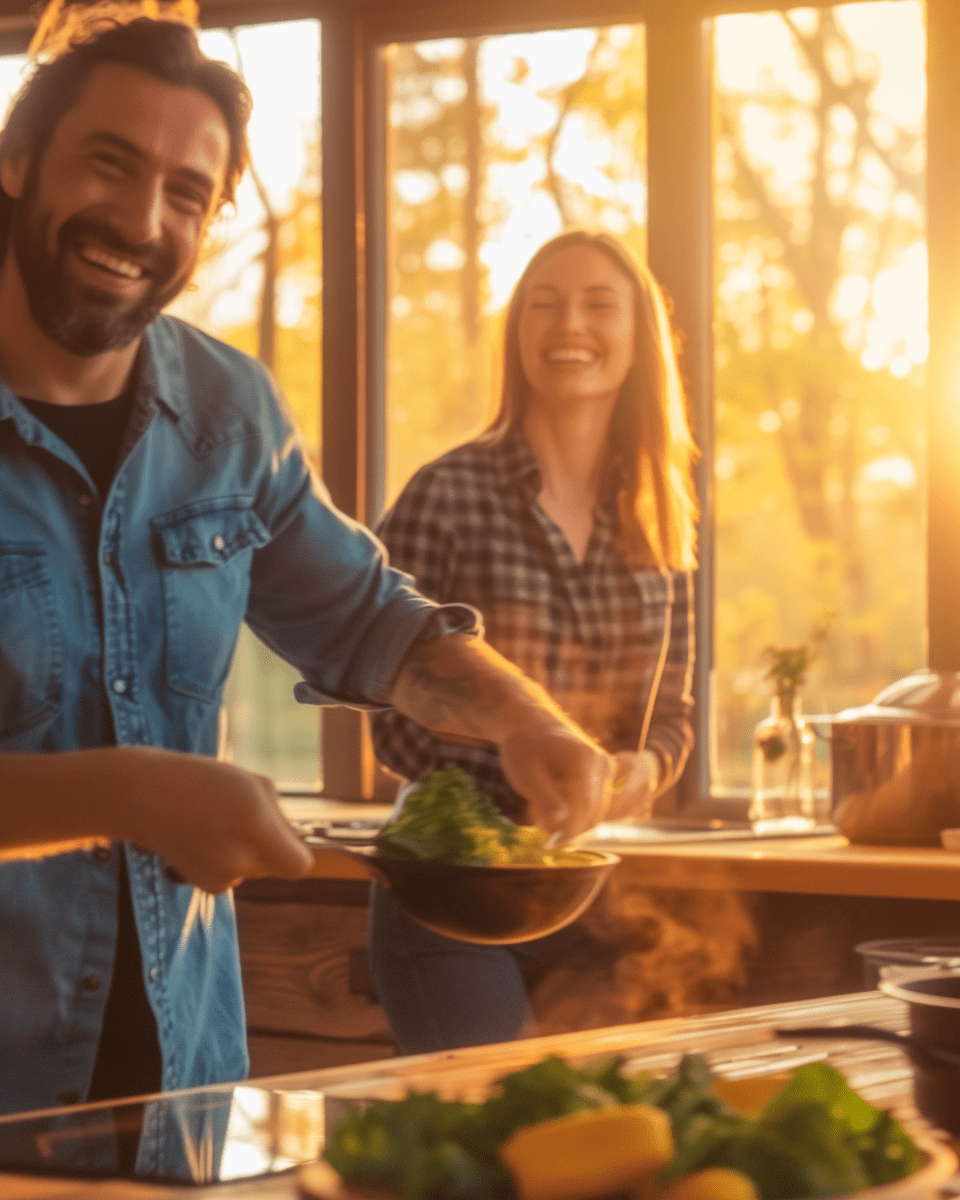 Leafy Greens That Nourish You Wellness Tips for Body and Mind Couple cooking leafy greens in warm kitchen light.
