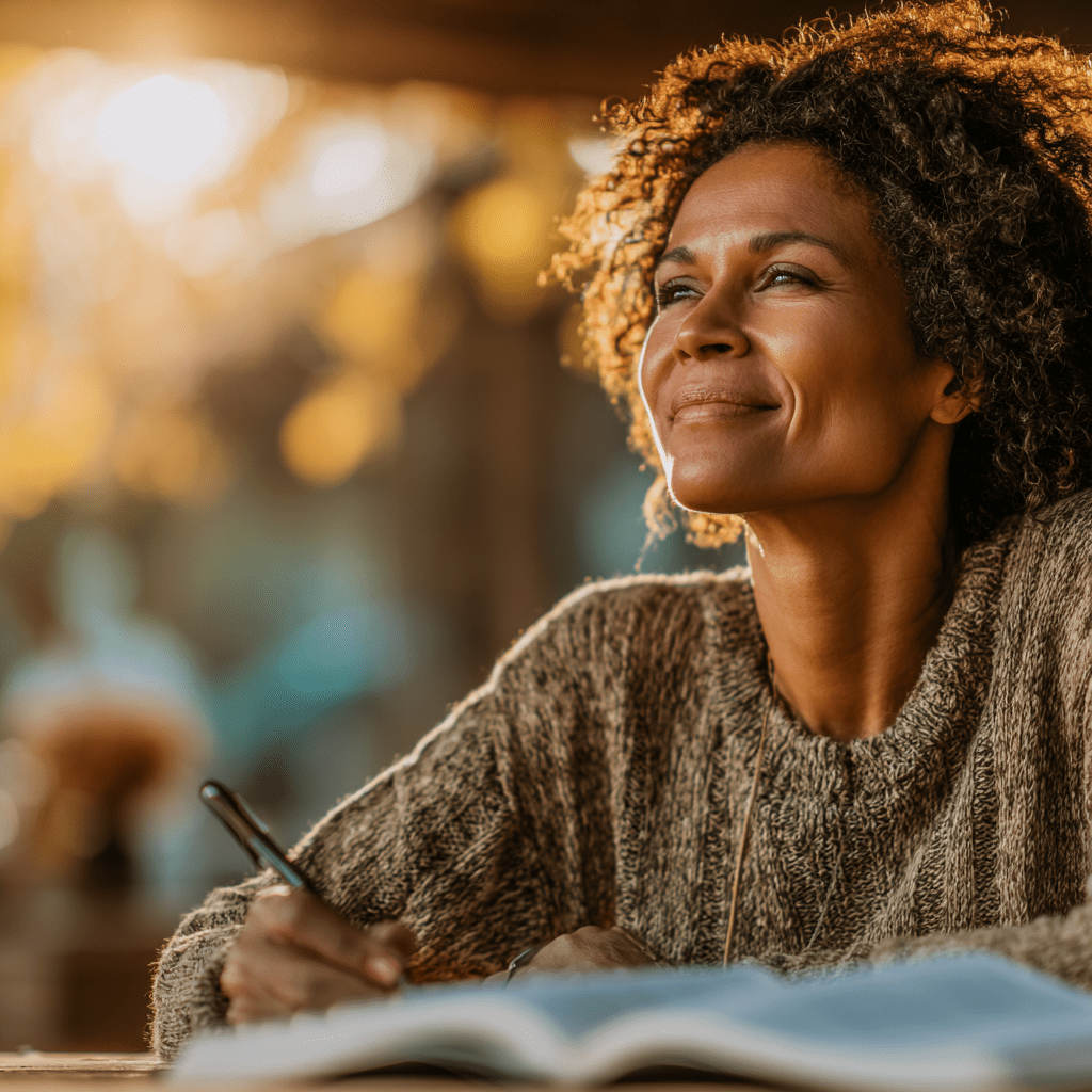 Mindful Living Through the SELF Approach-cv A smiling woman reads outdoors in the sunlight, representing mindful living through SELF-focus and faith-centered wellness.