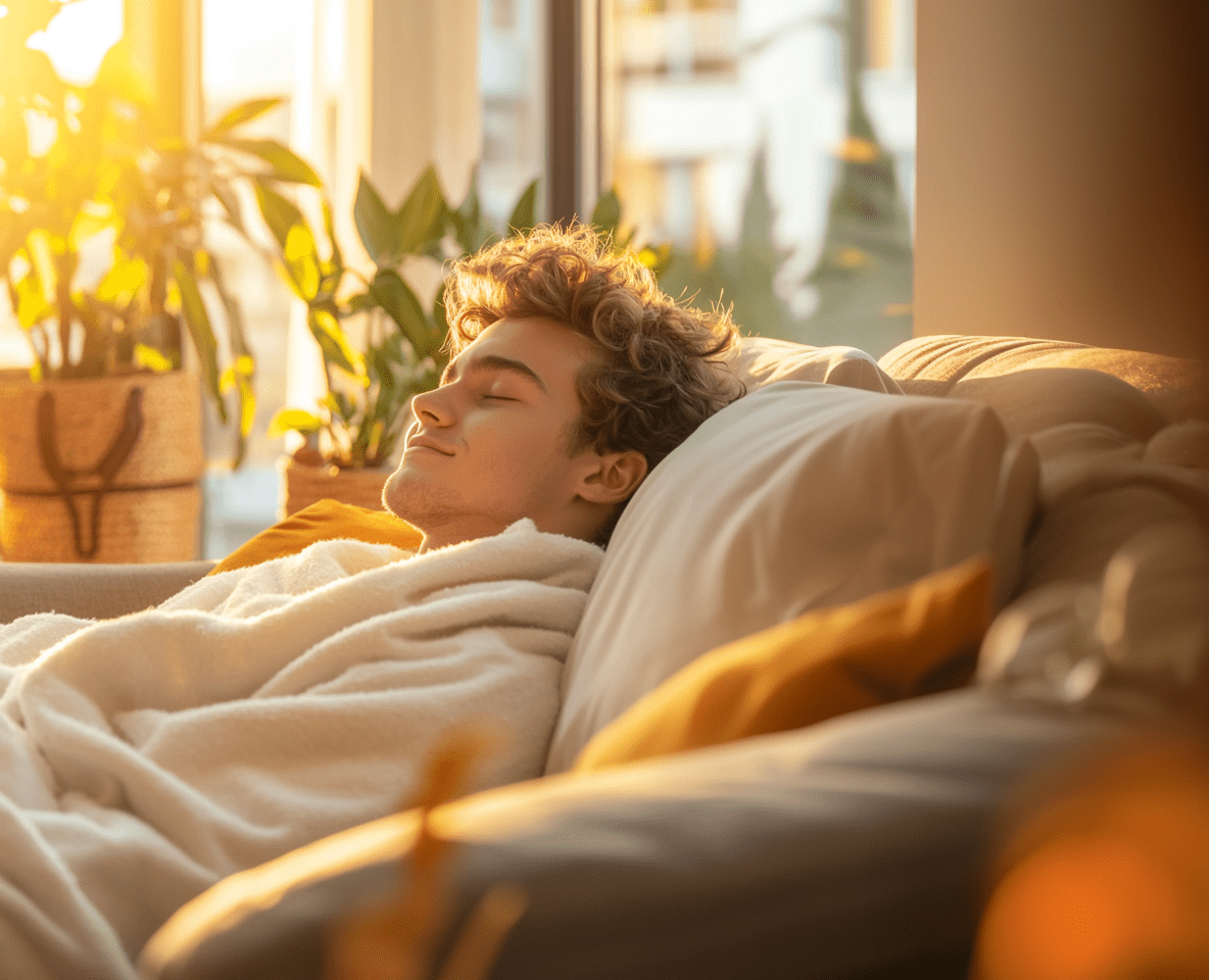 A Kinder Home, One Choice at a Time-cv Young man relaxing at home with cozy textiles, representing home items that give back.