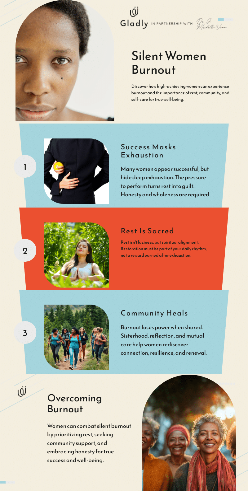 Infographic on female burnout, highlighting success masking exhaustion, sacred rest, and healing through community.
