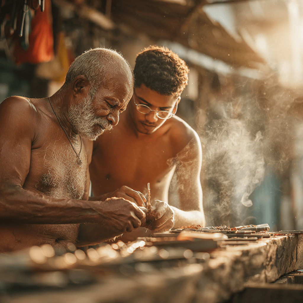 Heritage Meets Innovation_ Crafting the Future with Legacy-cv Elder and young artisan working side by side, symbolizing heritage and innovation through craftsmanship and human connection.