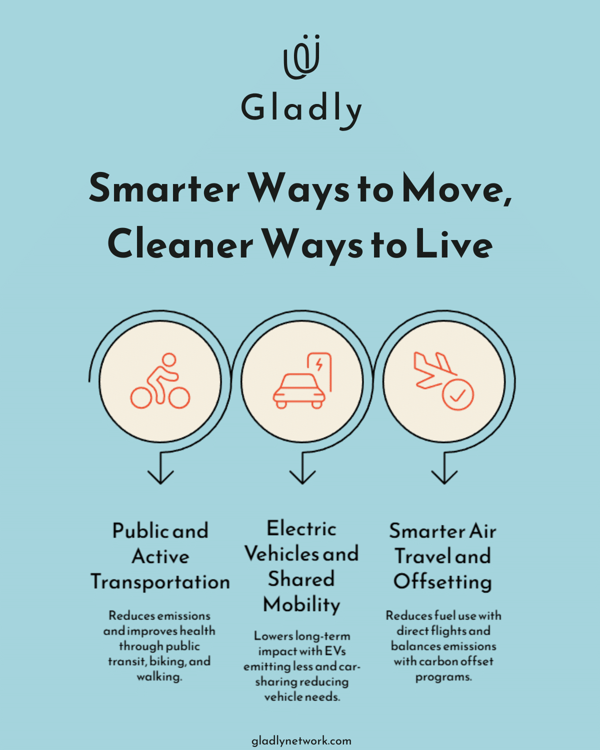 Infographic showing sustainable transportation options—public transit, electric vehicles, and air travel offsetting—for a more sustainable life.