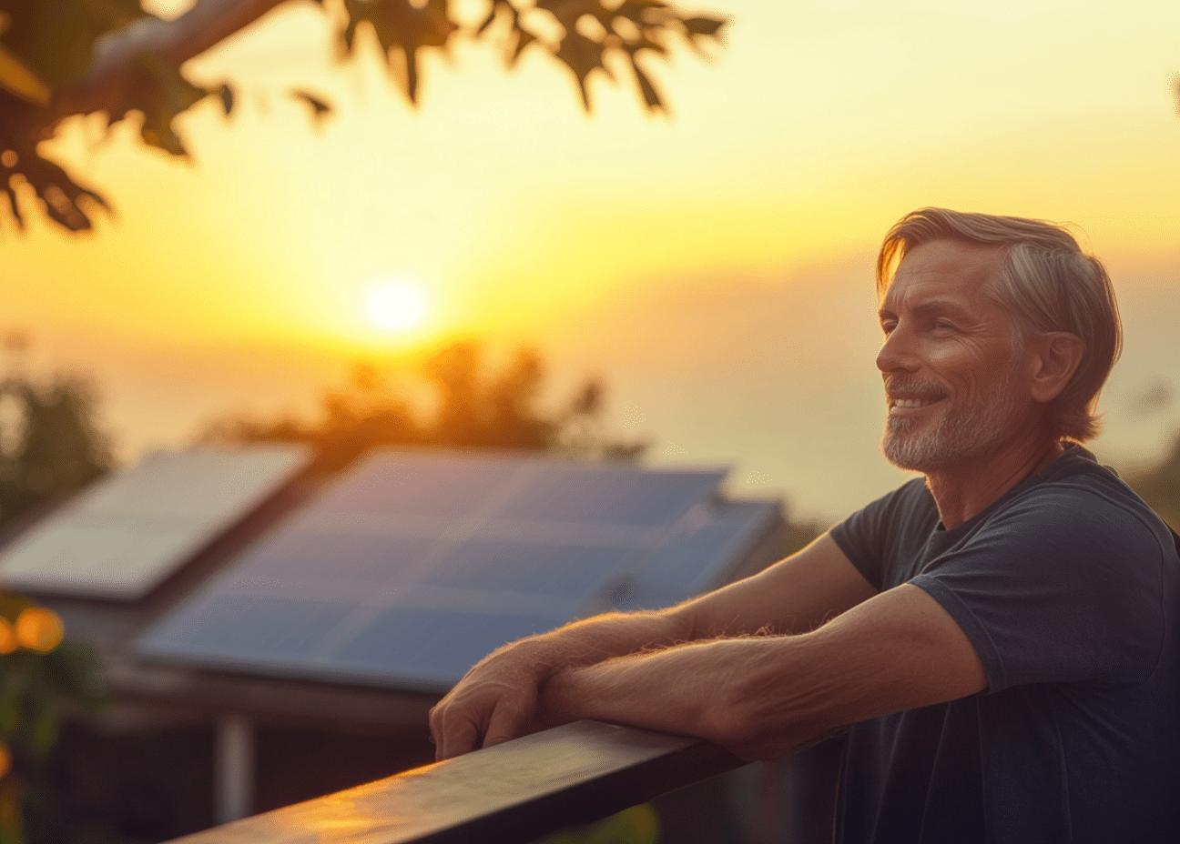 How-to-Live-a-Sustainable-Life-cv Man standing outdoors at sunset near solar panels, symbolizing mindful energy use and the rewards of living a sustainable life.