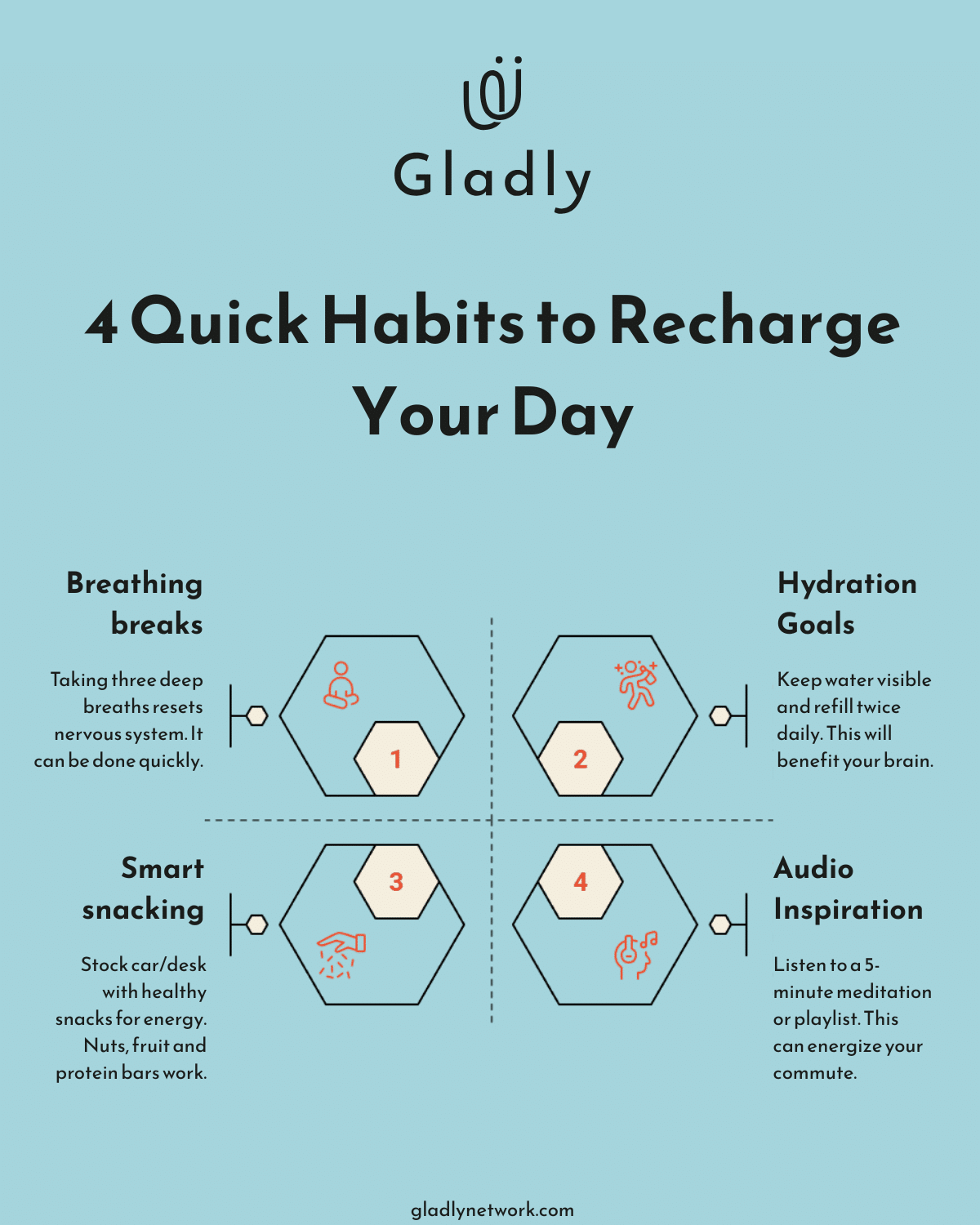 Quick self-care habits infographic with four wellness tips.