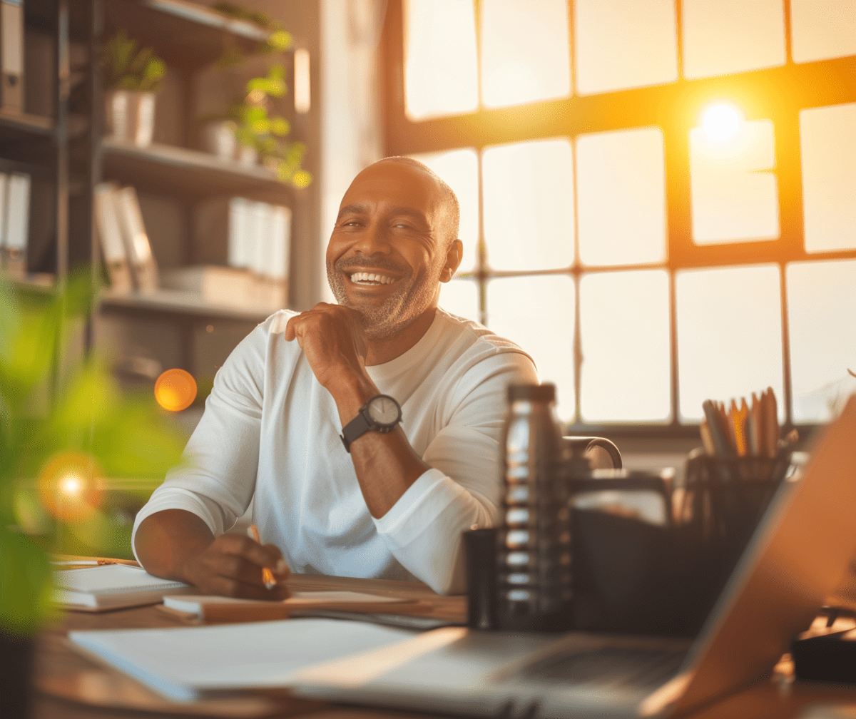 Quick Self-Care Habits to Recharge-cv Busy professional smiling at desk with water bottle, practicing self-care habits