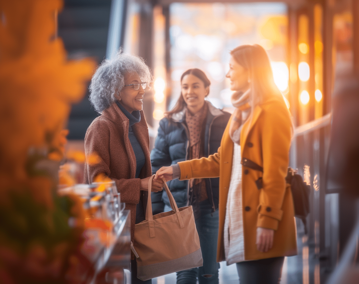 The-Hidden-Strength-in-Asking-for-Help-cv12 Three women greet each other warmly in a sunlit shop, symbolizing community support and the strength of asking for help in everyday life.