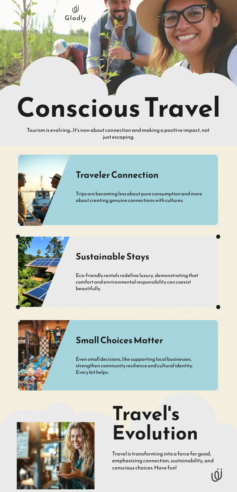 Infographic on sustainable vacation rentals highlighting traveler connection, eco-friendly stays, small choices that support local businesses, and conscious travel evolution.