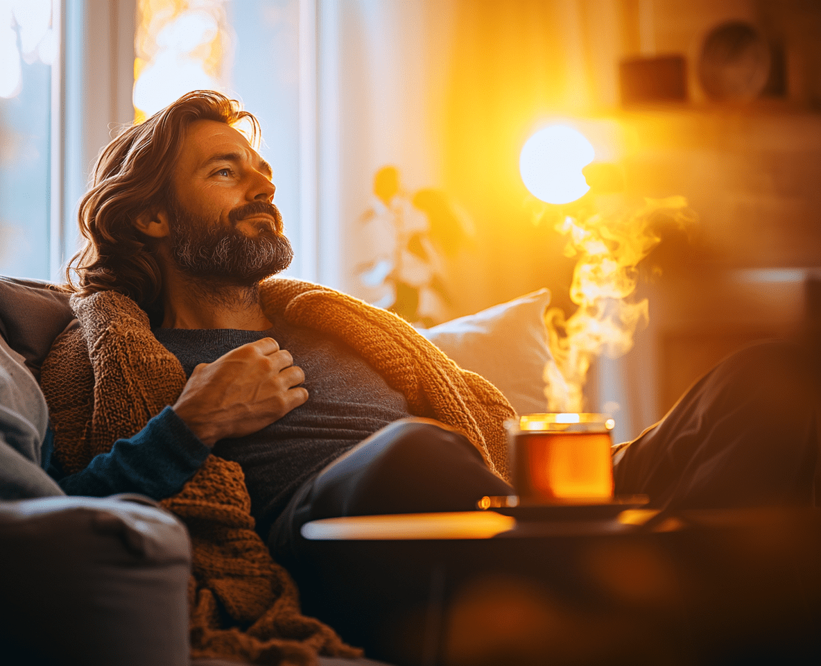 Be Kind Inside_ Practice Self-Compassion Every Day-cv Man relaxing on couch with open eyes, warm sunlight and tea cup — daily self-compassion and mindful rest scene.