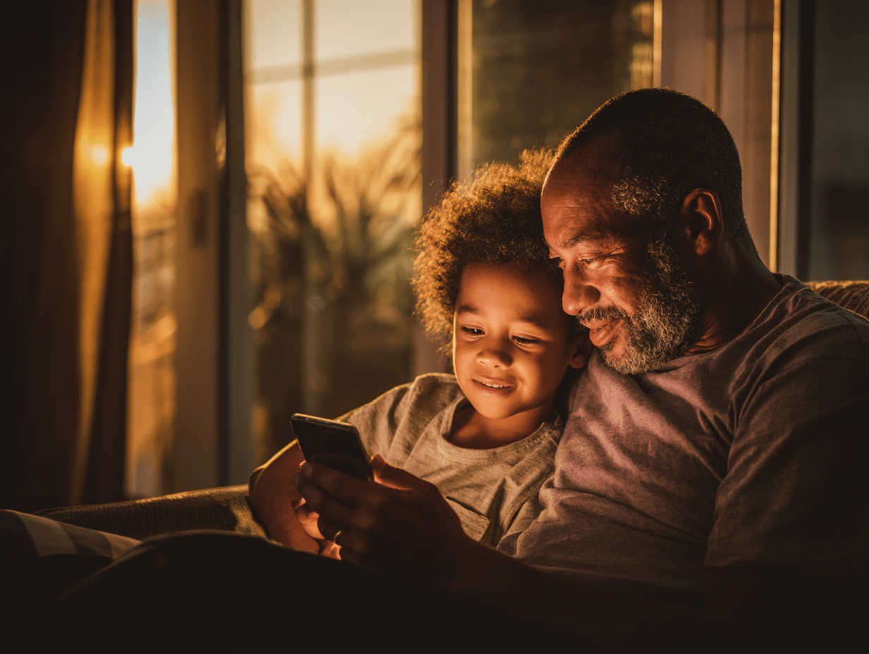 How Everyday Travel Can Help Support Your School-cv Father and child smiling at a phone while planning family travel.