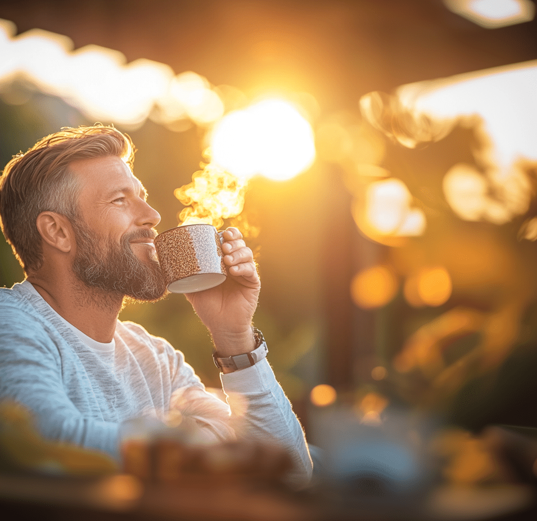 Man enjoying morning coffee at sunrise, symbolizing clarity for writing goals.