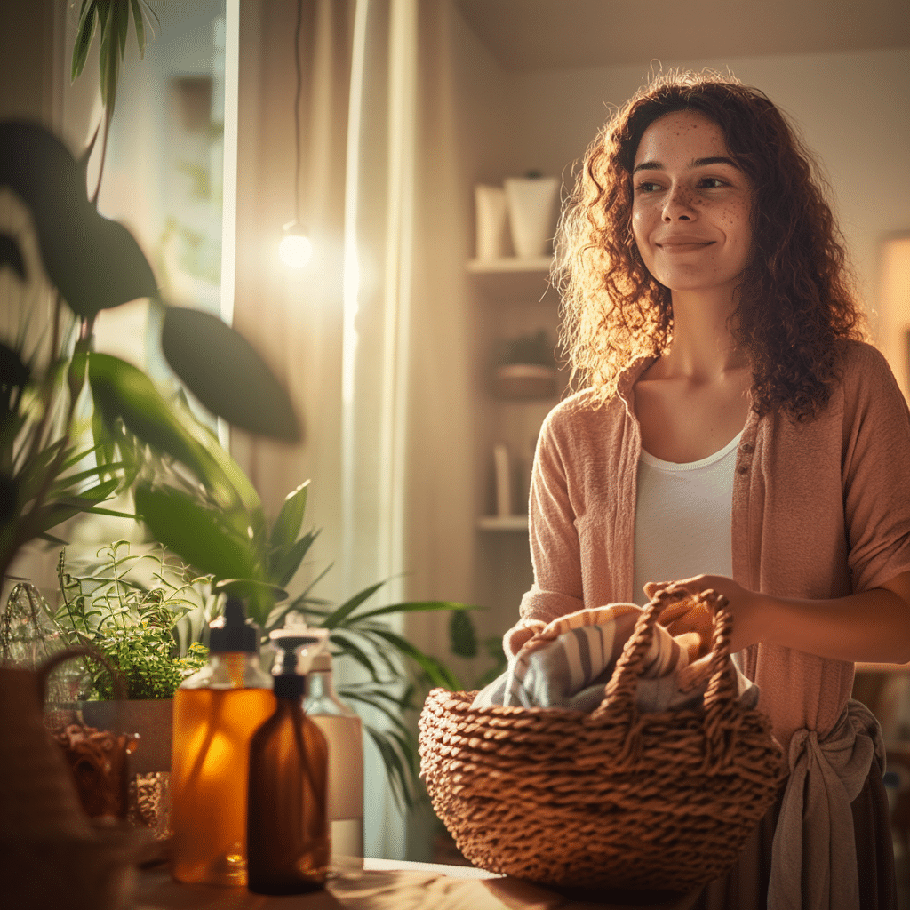 Sustainable-Cleaning-Products-cv Woman using sustainable home products in a warm, natural living space