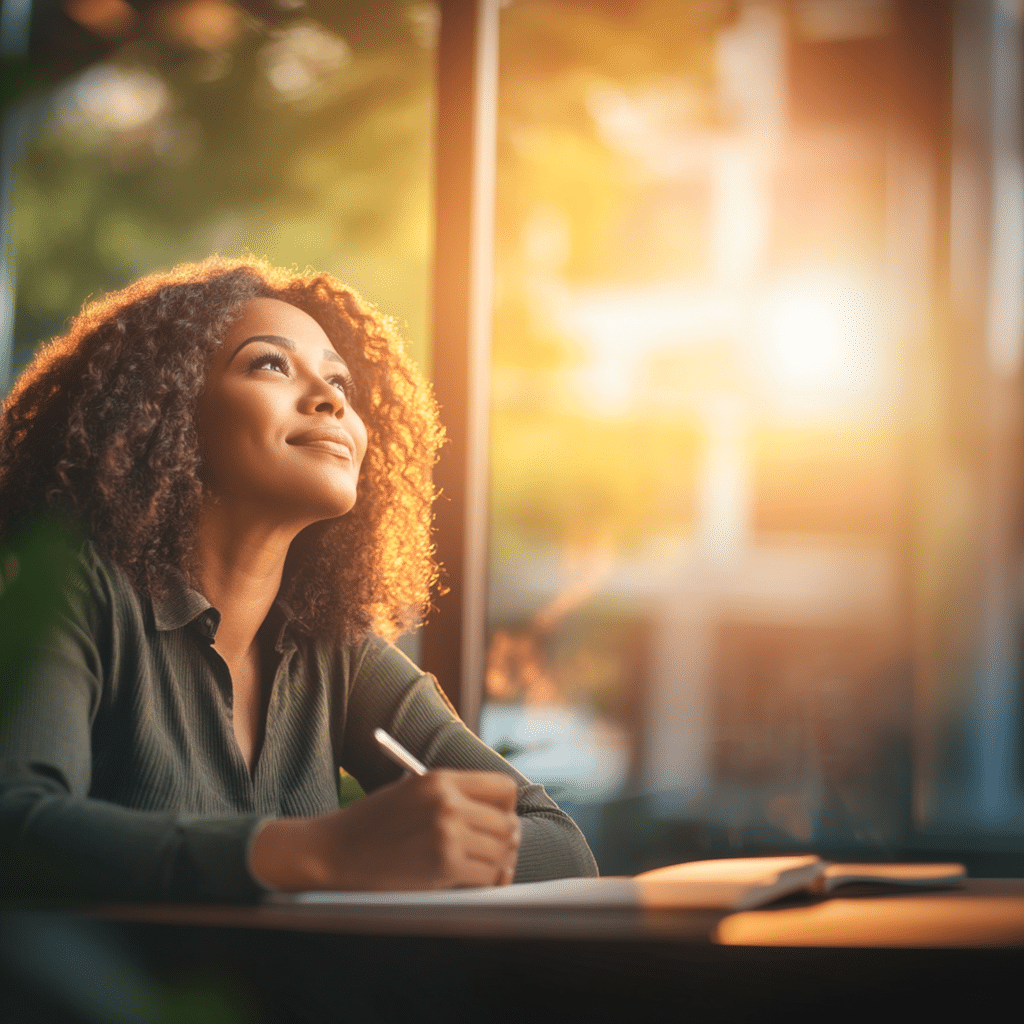Woman journaling in warm sunlight, reflecting on creativity and mental wellness.