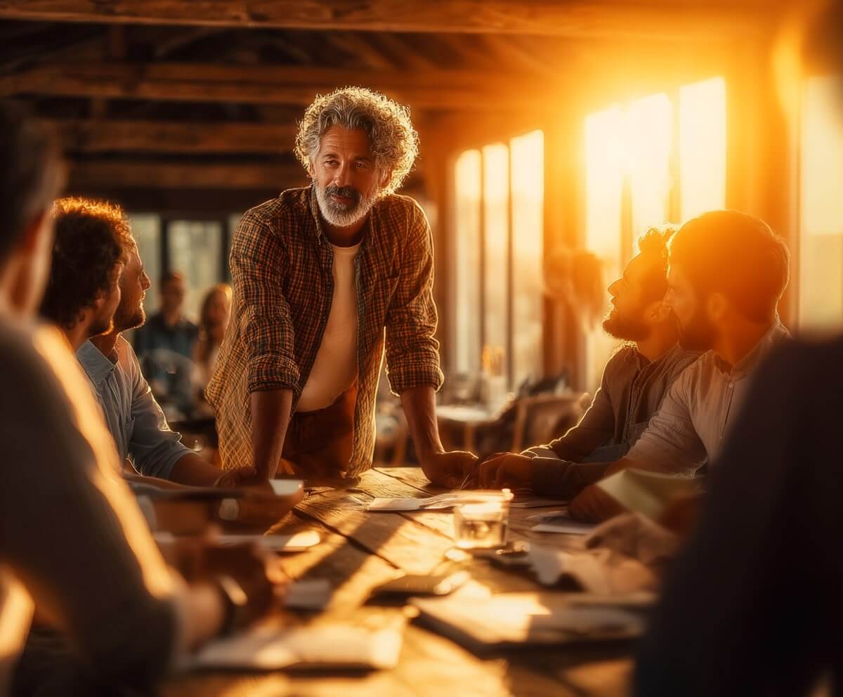 A confident leader A confident leader stands at the head of a sunlit table, surrounded by his team, embodying human-first leadership and purpose-driven connection in business.