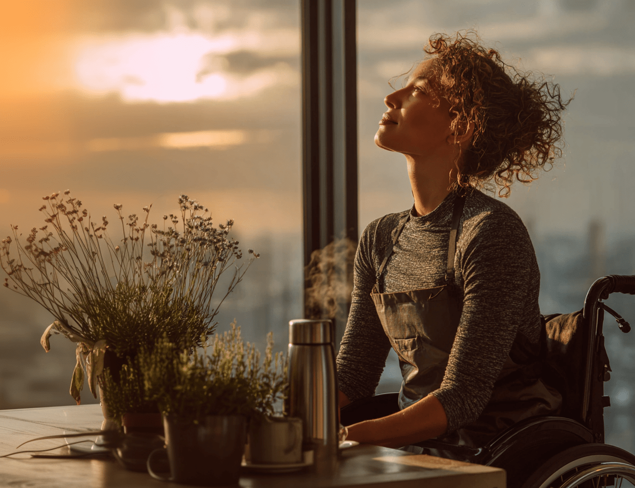 Glam While You Slay The Power of Showing Up Fully-cv Woman in a wheelchair gazing toward golden-hour light by a window, embodying authentic glamour through calm confidence and self-care.