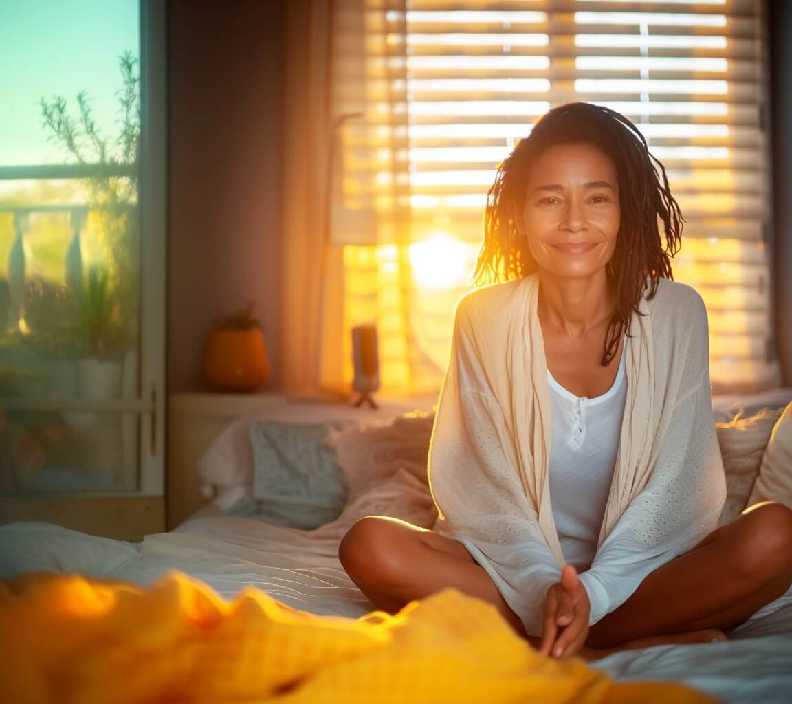 lakisha Black woman sitting upright on her bed at sunset, eyes open and peaceful, reflecting on rest, boundaries, recovery and personal peace.