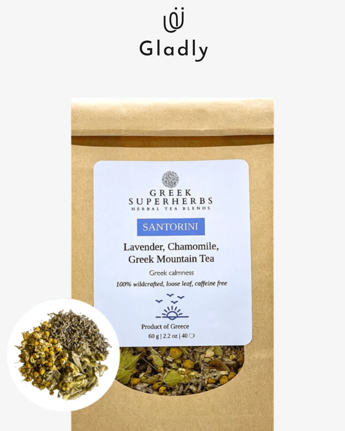Self-care for busy people: Greek Superherbs Santorini herbal tea blend with loose-leaf herbs.