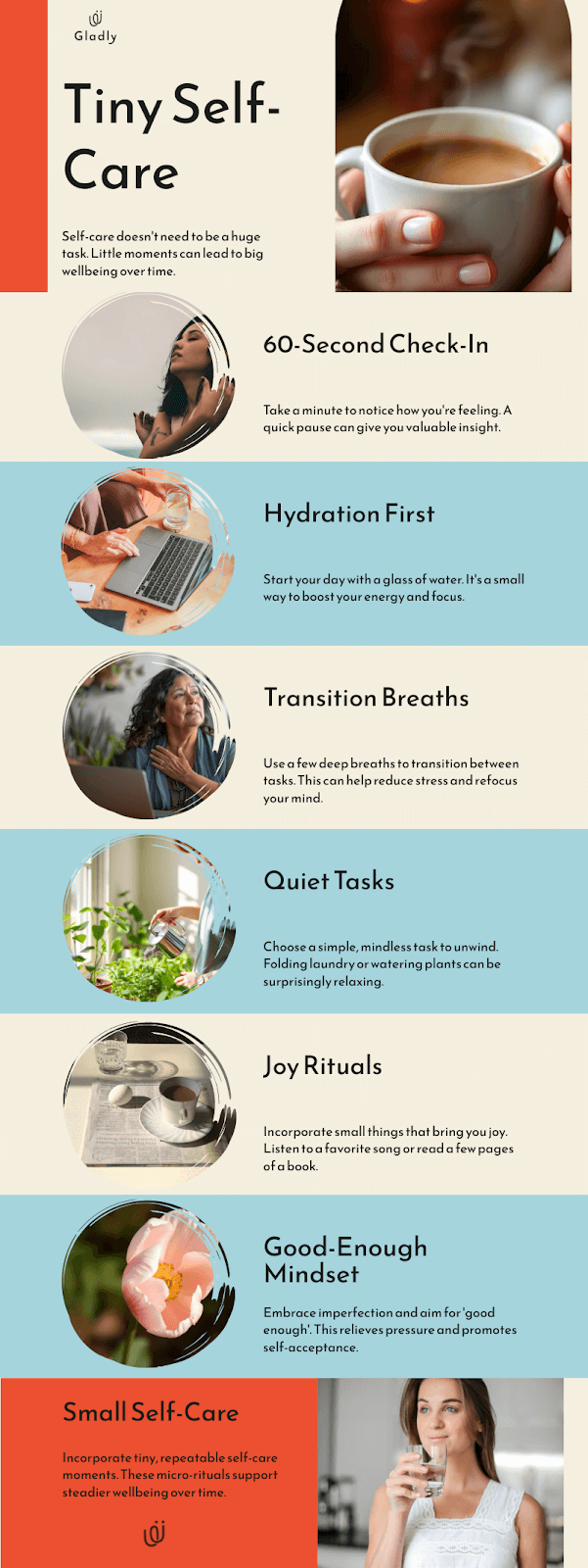 Infographic of self care ideas featuring tiny daily micro-rituals.